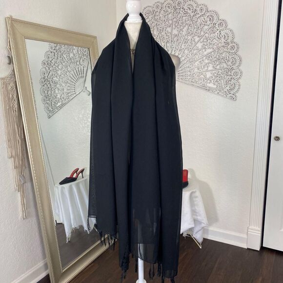 Witchy Whimsygoth Black Mesh Satin Fringe Paisley Scarf / Shawl 42 x 68" Large - Picture 2 of 6